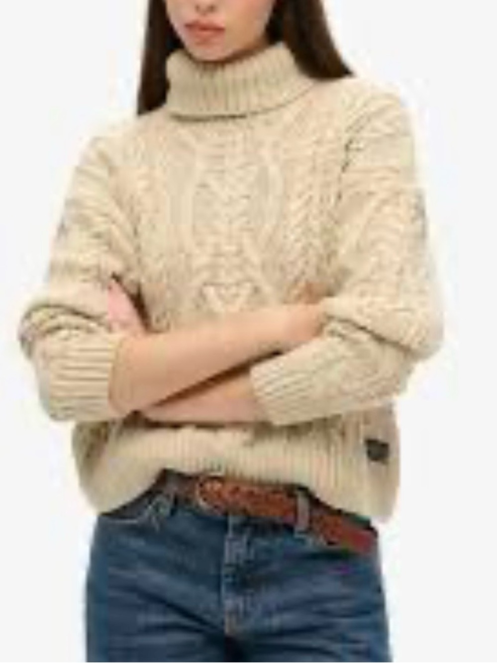 Superdry Women’s Chunky Cable Knit Turtle Neck Sweater Ecru Loose Fit Sz 8